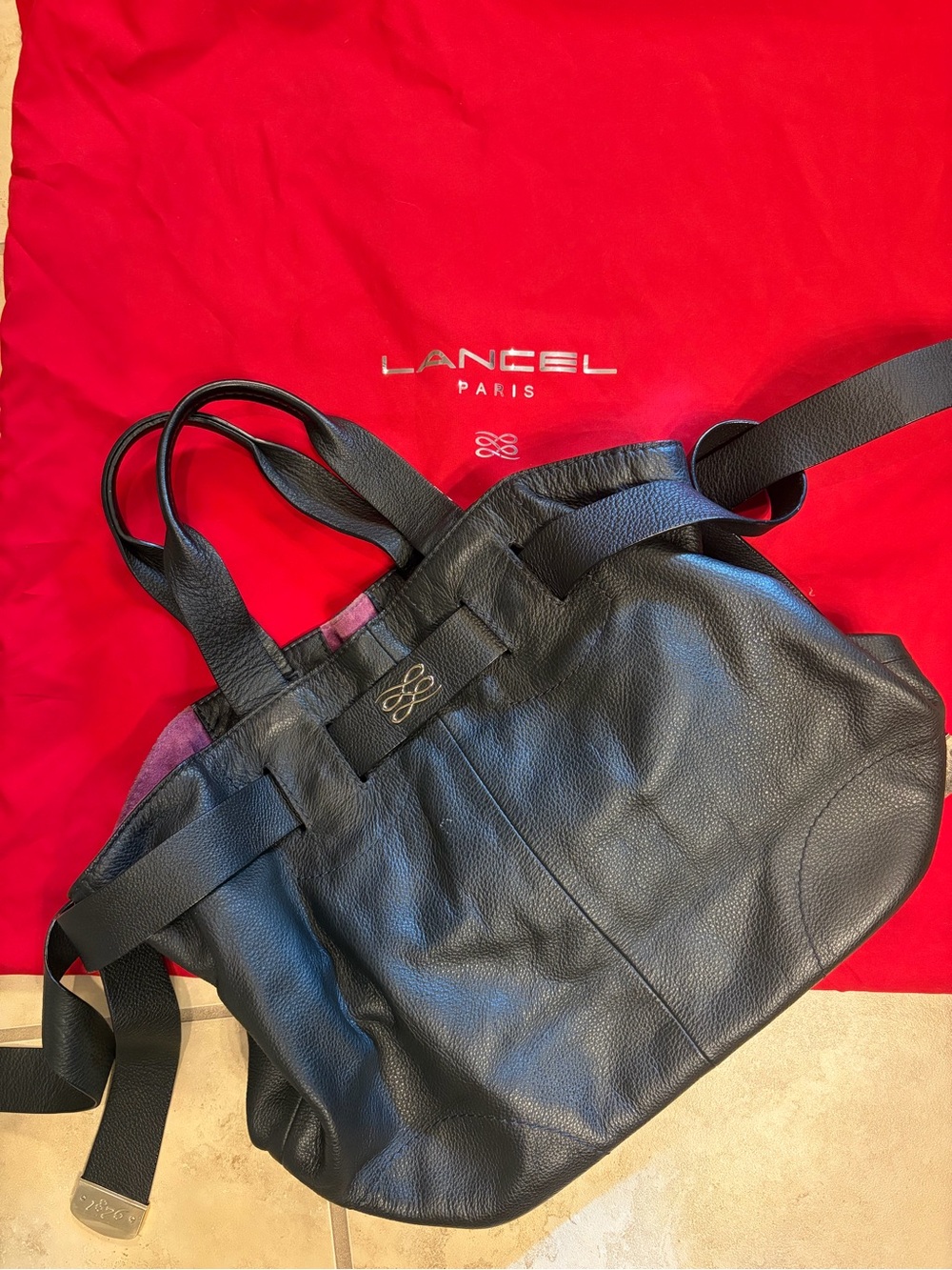Lancel Paris L'Adjani Pebbled Leather Tote - Black with Signature Purple Lining